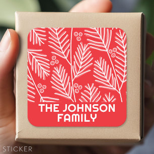 Adesivo Quadrado Feliz Vermelha Caligrafia galhos do pinheiro branc