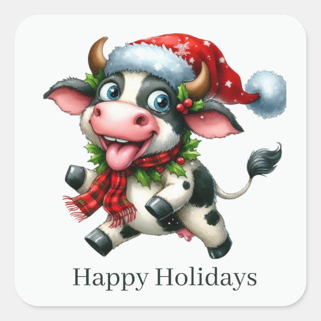 Adesivo Quadrado Felizes Feriados, amantes de vacas (Frente)