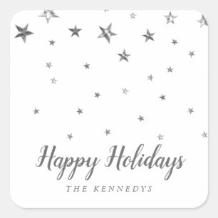 Adesivo Quadrado Felizes Feriados Silver Stars Nome da Família Nata