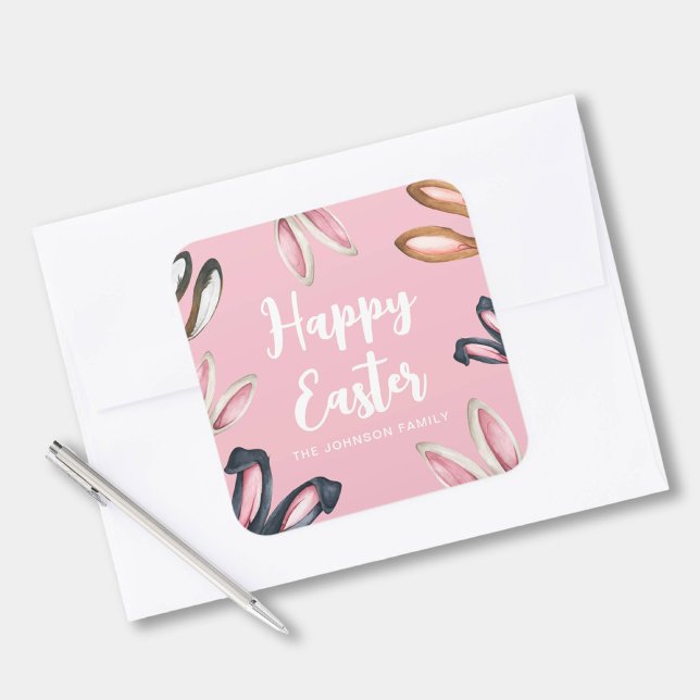 Adesivo Quadrado Felz pascoa Bonito de Ouvidos (Cute Bunny Ears Happy Easter Square Sticker)