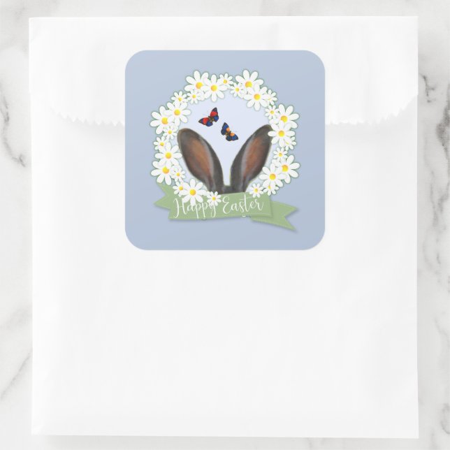 Adesivo Quadrado Felz pascoa Bunny Ears Daisies Wreath (Bolsa)