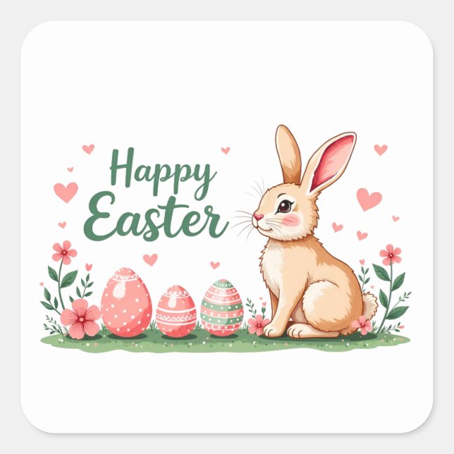 Adesivo Quadrado Felz pascoa com coelho, ovos e flores (Frente)