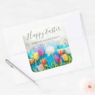 Adesivo Quadrado Felz pascoa de Tulipas Florais Coloridas