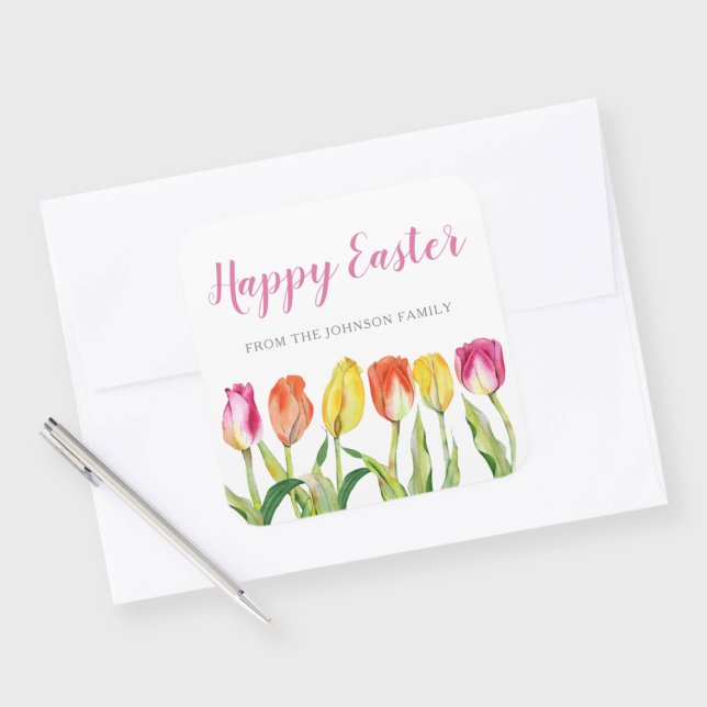 Adesivo Quadrado Felz pascoa de Tulipas Florais Quic Rosa (Chic Pink Floral Tulips Happy Easter Square Sticker)
