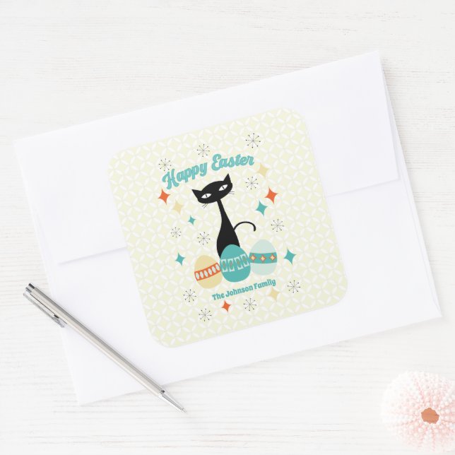Adesivo Quadrado Felz pascoa, Era Atômica, Gato Moderno Meio século (Envelope)