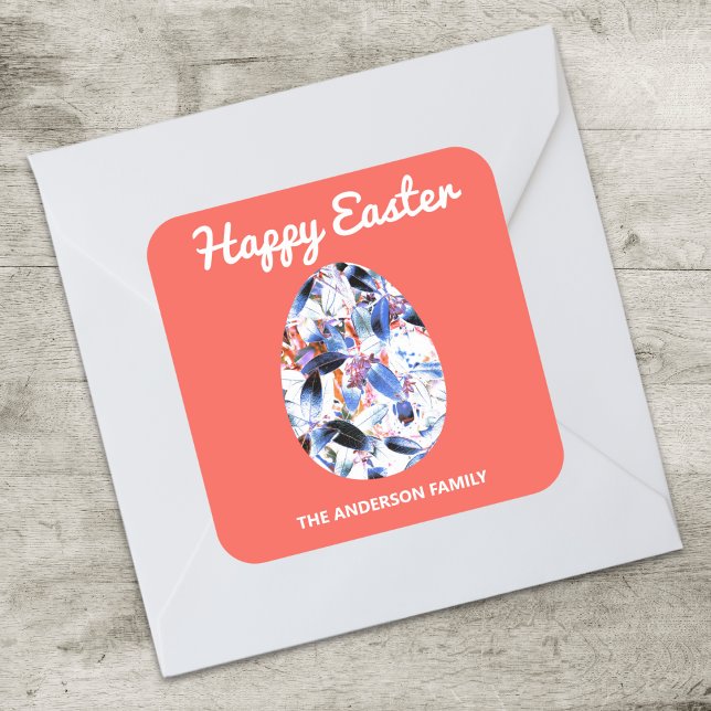 Adesivo Quadrado Felz pascoa Vermelho De Ovo Padrão (A colourful sticker with Happy Easter words and egg design, to personalize with your name(s))