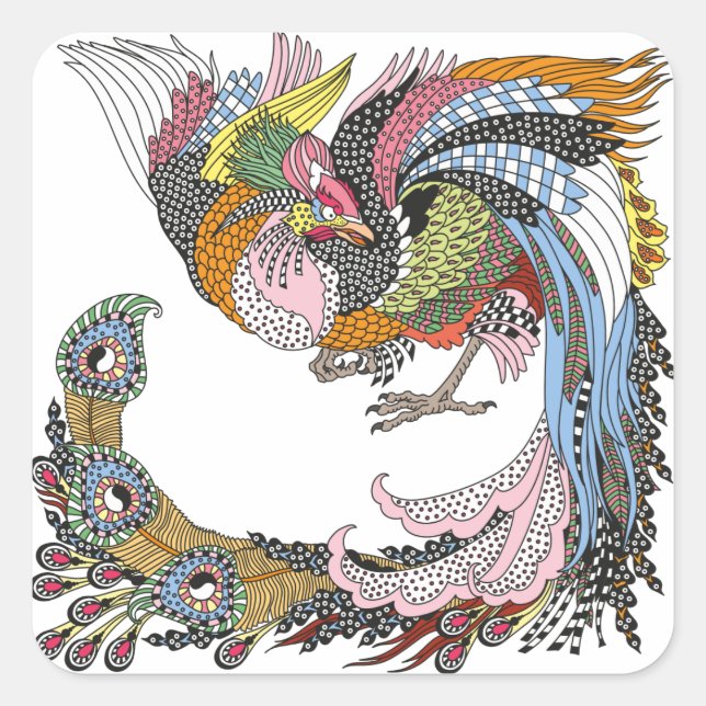 Adesivo Quadrado Fênix chinesa ou Feng Huang Square Sticker (Frente)