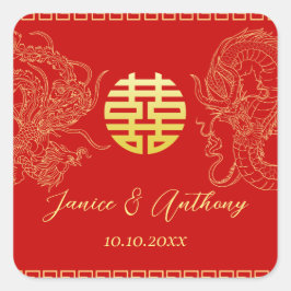 Adesivo Quadrado Fênix do dragão de casamento chinês de ouro vermel