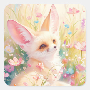 Adesivo Quadrado Fennec Fox Descansa em um Prado Blooming