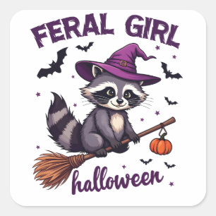 Adesivo Quadrado Feral Girl Halloween Spooky Raccoon Witch Gift