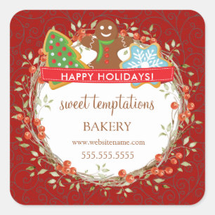 Adesivo Quadrado Feriado Berry Wreath Christmas Cookie