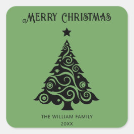 Adesivo Quadrado Feriado de Árvore de Natal Verde Minimalista