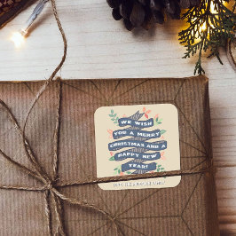 Adesivo Quadrado Feriado de Bandeira de Natal Floral Whimsical