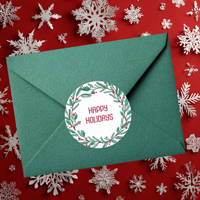 Adesivo Quadrado Feriado de Desenho de Mão CLIENTE da Frota de Nata (Christmas Wreath CUSTOM Hand Drawn Holiday Round Sticker
)