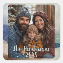 Adesivo Quadrado Feriado de Fotografias com Aquarelas Azul e Terrac