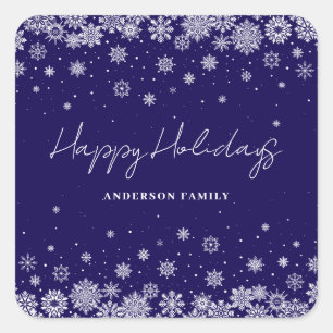 Adesivo Quadrado Feriado de Natal Azul com Floco de Neve Personaliz