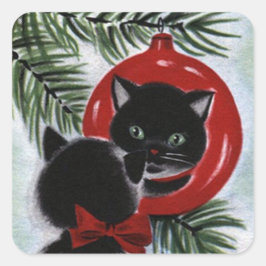 Adesivo Quadrado Feriado de Natal de Gato Negro