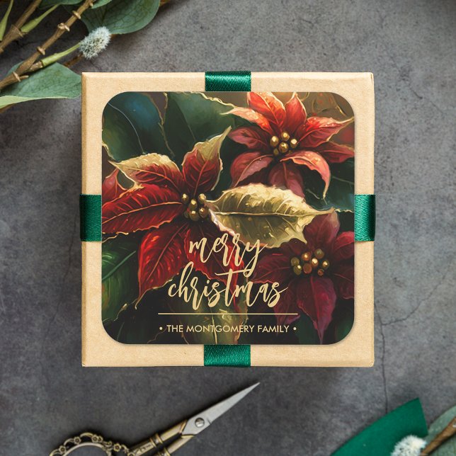 Adesivo Quadrado Feriado de Natal de Poinsettias (Criador carregado)