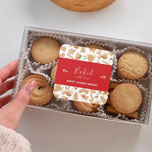 Adesivo Quadrado Feriado de pão de padaria assado com amor (Baked with Love Bakery Gingerbread Holiday Square Sticker)