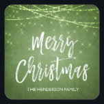 Adesivo Quadrado Feriado de Script de Natal Verde e Branco<br><div class="desc">O manuscrito de Natal verde e branco e brilhante e o adesivo de férias com fio de luz brilhante são perfeitos para um cartão de Natal moderno e elegante.</div>