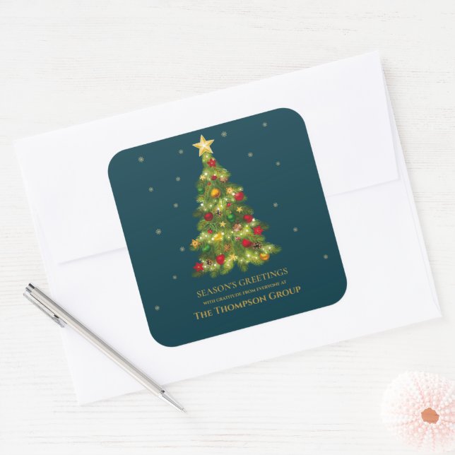 Adesivo Quadrado Feriado Dourado da Árvore de Natal Elegante (Envelope)