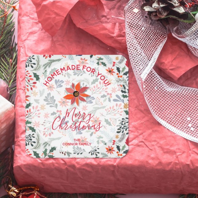 Adesivo Quadrado Feriado Feriado de Cookie Caseiro de Natal Floral (Criador carregado)