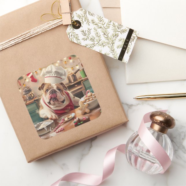 Adesivo Quadrado Feriado Inglês Bulldog Baking: Natal Festivo (Presentear)