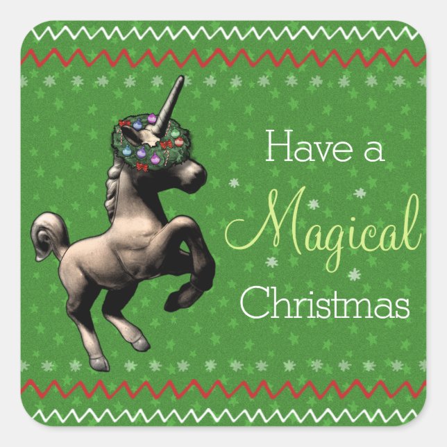 Adesivo Quadrado Feriado Unicórnio "Natal Mágico" (Verde) (Frente)