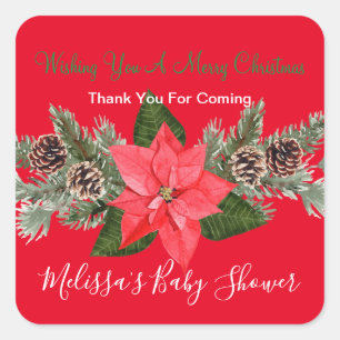 Adesivo Quadrado Feriados De Inverno Pinecones Poinsettia Obrigado