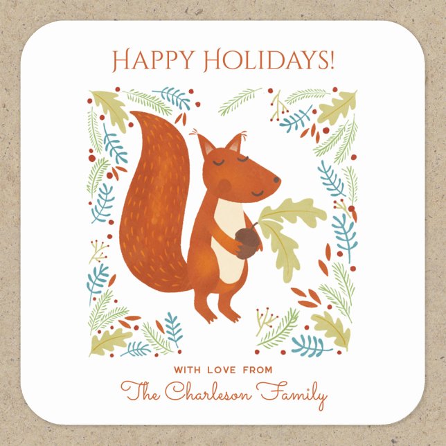 Adesivo Quadrado Feriados Felizes do Esquilo Gelado Personalizados (Fun Squirrel Happy Holidays personalized sticker)