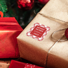 Adesivo Quadrado Feriados mais felizes da Xadrez de Tartan Vermelho