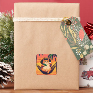 Adesivo Quadrado Férias De Gato De Verão, Retro Engraçado