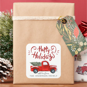 Adesivo Quadrado Férias Felizes Natal Caminhão Vermelho Vintage