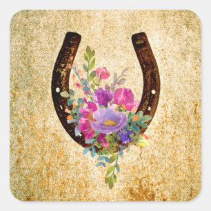 Adesivo Quadrado Ferradura Floral Aquarela Rústica Boa Sorte