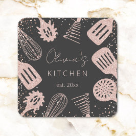 Adesivo Quadrado Ferramentas de Cozinhar Glitter Dourado para Rosa 