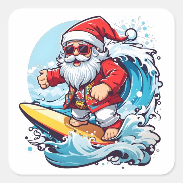 Adesivo Quadrado Feset Santa Claus Surfando Ondas de Natal (Frente)