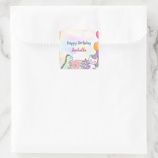Adesivo Quadrado Festa Bela Rosquinha Dino Unicorn Birthday Rainbow (Bolsa)