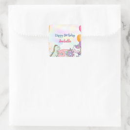 Adesivo Quadrado Festa Bela Rosquinha Dino Unicorn Birthday Rainbow