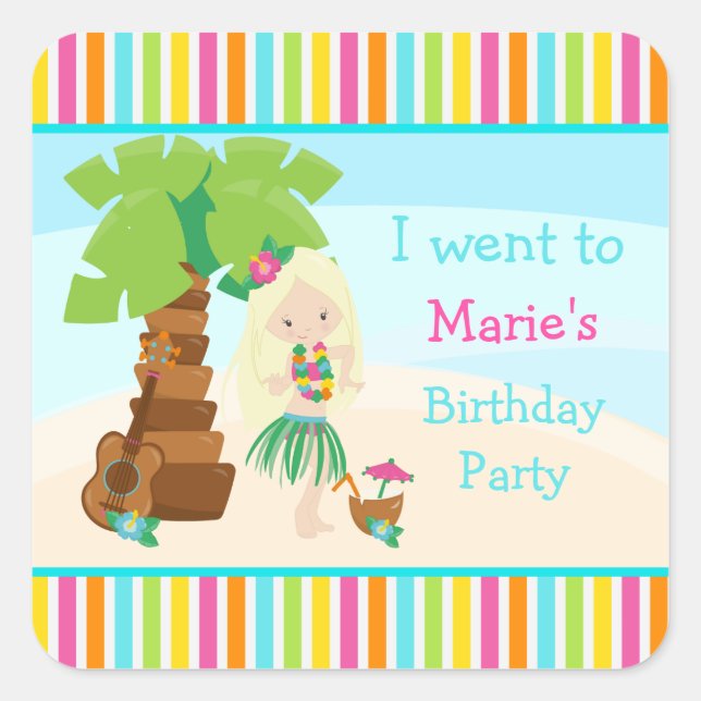 Adesivo Quadrado Festa Blona de Cabelo de Aloha Cute (Frente)