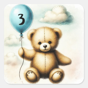 Adesivo Quadrado Festa de 1º Aniversário Urso de Pelúcia Balão Azul