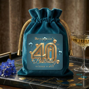 Adesivo Quadrado Festa de 40 Anos Elegante em Azul Teal e Dourado