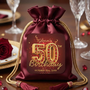 Adesivo Quadrado Festa de 50 Anos Elegante Dourado e Vermelho Rubi