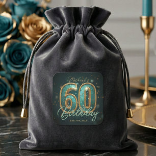 Adesivo Quadrado Festa de 60 Anos Luxuosa Glam Azul Turquesa e Dour