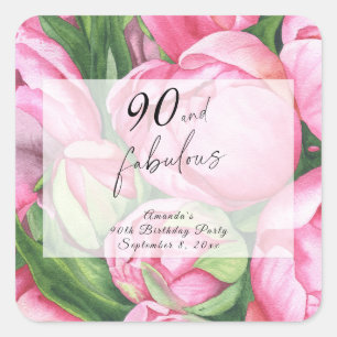 Adesivo Quadrado Festa de 90 Anos Peonias Rosas
