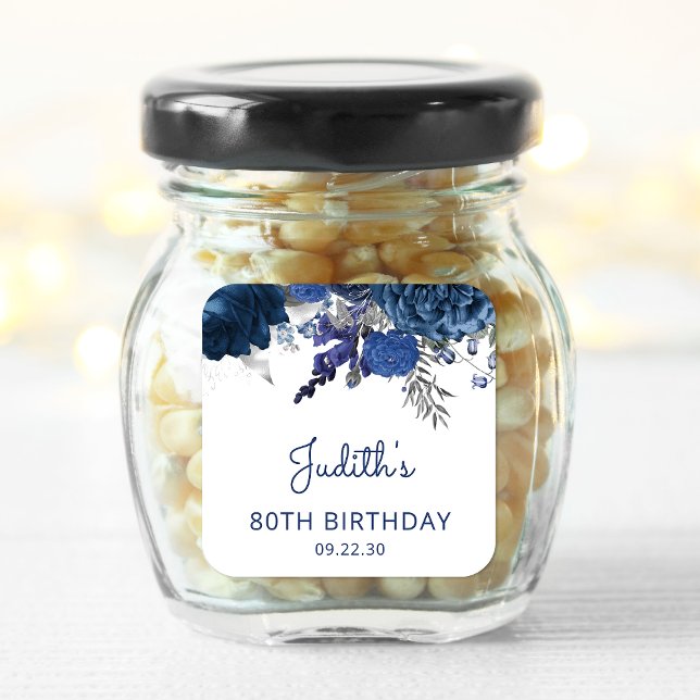 Adesivo Quadrado Festa de aniversário 80 Floral marinho  Azul Prata (Criador carregado)