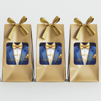 Adesivo Quadrado Festa de Aniversário Azul Dourado para Homens