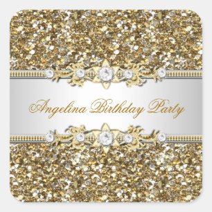 Adesivo Quadrado Festa de Aniversário Brilhante Dourado Joia Diaman