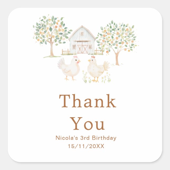 Adesivo Quadrado Festa de Aniversário da Fazenda de Galinhas Fofas (Frente)