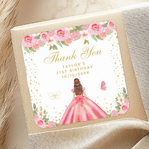 Adesivo Quadrado Festa de aniversário da Princesa do Cabelo Castanh