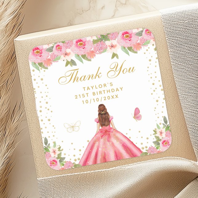 Adesivo Quadrado Festa de aniversário da Princesa do Cabelo Castanh (Criador carregado)